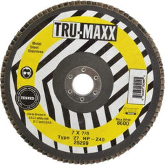 Tru-Maxx - 40 Grit, 7" Disc Diam, 7/8" Center Hole, Type 27 Zirconia Alumina Flap Disc - 8,600 Max RPM, Arbor Attaching System, Coated - Apex Tool & Supply