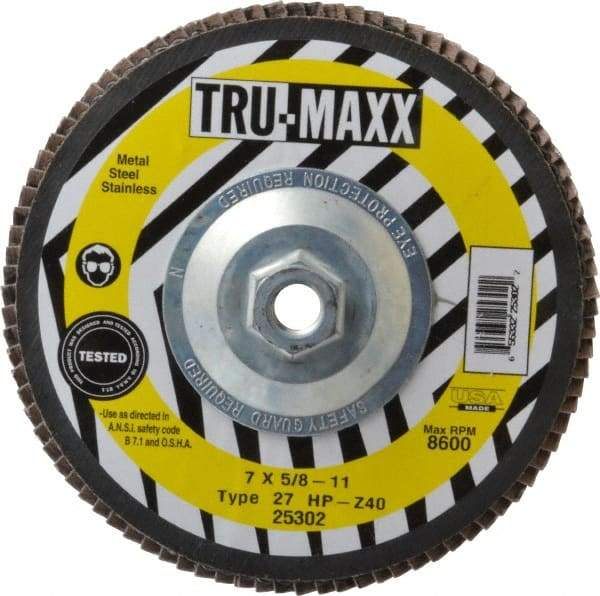 Tru-Maxx - 40 Grit, 7" Disc Diam, 5/8-11 Center Hole, Type 27 Zirconia Alumina Flap Disc - 8,600 Max RPM, Arbor Attaching System, Coated - Apex Tool & Supply