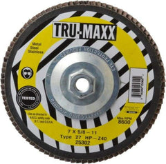 Tru-Maxx - 40 Grit, 7" Disc Diam, 5/8-11 Center Hole, Type 27 Zirconia Alumina Flap Disc - 8,600 Max RPM, Arbor Attaching System, Coated - Apex Tool & Supply