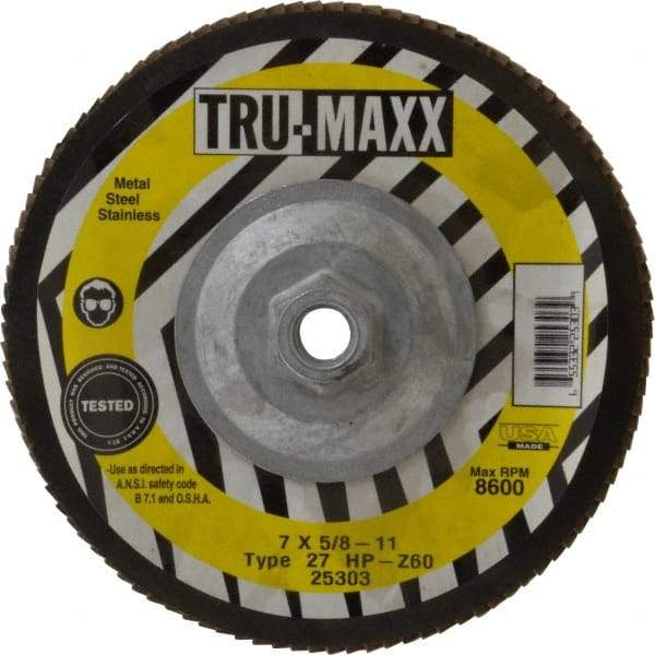 Tru-Maxx - 60 Grit, 7" Disc Diam, 5/8-11 Center Hole, Type 27 Zirconia Alumina Flap Disc - 8,600 Max RPM, Arbor Attaching System, Coated - Apex Tool & Supply