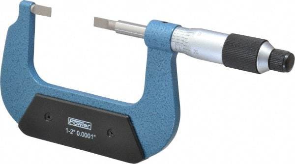 Fowler - 1" to 2" Mechanical Baked Enamel (Frame) & Satin Chrome (Graduations) Coated Blade Micrometer - 0.0001" Graduation, 0.03" Blade Thickness, Ratchet Stop Thimble - Apex Tool & Supply