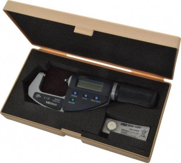 Mitutoyo - 0 to 1.2 Inch Range, 0.0001 Inch Resolution, Standard Throat, IP54 Electronic Outside Micrometer - 0.0001 Inch Accuracy, Ratchet Friction Thimble, Carbide Face, SR44 Battery, Data Output, Plastic Case - Apex Tool & Supply