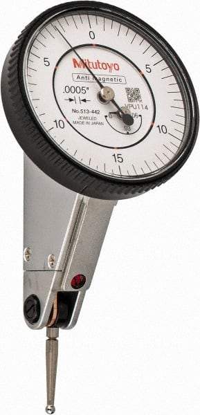 Mitutoyo - 0.06 Inch Range, 0.0005 Inch Dial Graduation, Horizontal Dial Test Indicator - 1.5748 Inch White Dial, 0-15-0 Dial Reading, Accurate to 0.0005 Inch - Apex Tool & Supply