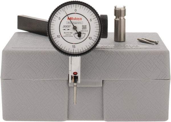 Mitutoyo - 9 Piece, 0" to 0.06" Measuring Range, 40mm Dial Diam, 0-15-0 Dial Reading, White Dial Test Indicator Kit - 0.0005" Accuracy, 0.78" Contact Point Length, 0.039, 0.079 & 0.118" Ball Diam, 0.0005" Dial Graduation - Apex Tool & Supply