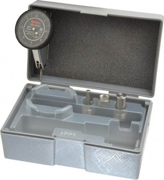 Mitutoyo - 0.016 Inch Range, 0.0001 Inch Dial Graduation, Horizontal Dial Test Indicator - 1.5748 Inch Black Dial, 0-4-0 Dial Reading, Accurate to 0.0002 Inch - Apex Tool & Supply