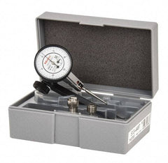 Mitutoyo - 9 Piece, 0" to 0.06" Measuring Range, 40mm Dial Diam, 0-15-0 Dial Reading, White Dial Test Indicator Kit - 0.0005" Accuracy, 1.33" Contact Point Length, 0.039, 0.079 & 0.118" Ball Diam, 0.0005" Dial Graduation - Apex Tool & Supply
