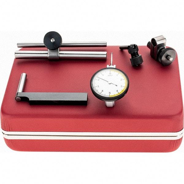 Starrett - 5 Piece, 0" to 0.01" Measuring Range, 1-3/8" Dial Diam, 0-5-0 Dial Reading, Red Dial Test Indicator Kit - 13/16" Contact Point Length, 1.98mm Ball Diam, 0.0001" Dial Graduation - Apex Tool & Supply