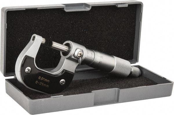 Value Collection - 0 to 25mm Range, 0.01mm Graduation, Mechanical Outside Micrometer - Ratchet Stop Thimble - Apex Tool & Supply