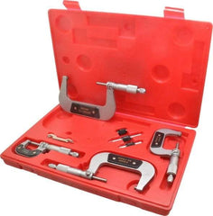 Value Collection - 0 to 100mm Range, 4 Piece Mechanical Outside Micrometer Set - 0.01mm Graduation, 0.000160, 0.000200 Accuracy, Ratchet Stop Thimble, Carbide Tipped, Forged Steel (Frame) Face - Apex Tool & Supply