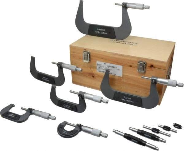 Value Collection - 0 to 150mm Range, 6 Piece Mechanical Outside Micrometer Set - 0.01mm Graduation, 0.000160, 0.000200, 0.000240 Accuracy, Ratchet Stop Thimble, Carbide Tipped, Forged Steel (Frame) Face - Apex Tool & Supply