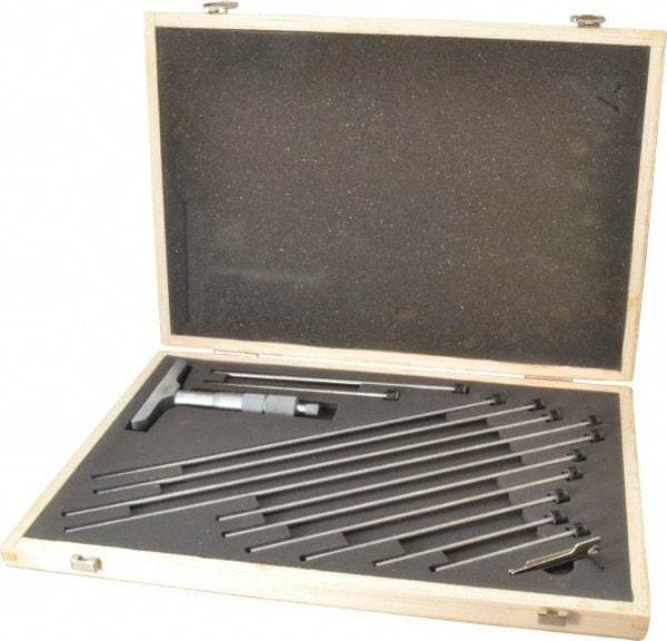 Fowler - 0 to 12" Range, 12 Rod, Satin Chrome Finish Mechanical Depth Micrometer - Ratchet Stop Thimble, 4" Base Length, 0.01mm Graduation, 0.176" Rod Diam - Apex Tool & Supply