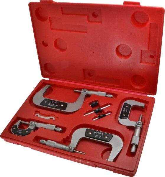 Value Collection - 0 to 4" Range, 4 Piece Mechanical Outside Micrometer Set - 0.0001" Graduation, 0.000160, 0.000200 Accuracy, Ratchet Stop Thimble, Carbide Tipped, Forged Steel (Frame) Face - Apex Tool & Supply