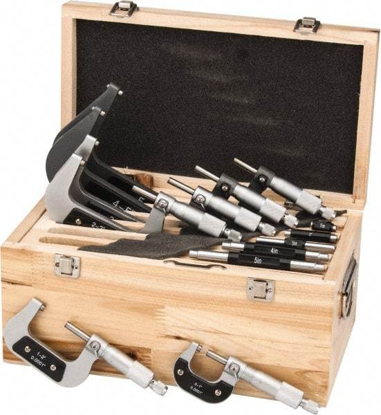 Value Collection - 0 to 6" Range, 6 Piece Mechanical Outside Micrometer Set - 0.0001" Graduation, 0.000160, 0.000200, 0.000240 Accuracy, Ratchet Stop Thimble, Carbide Tipped, Forged Steel (Frame) Face - Apex Tool & Supply