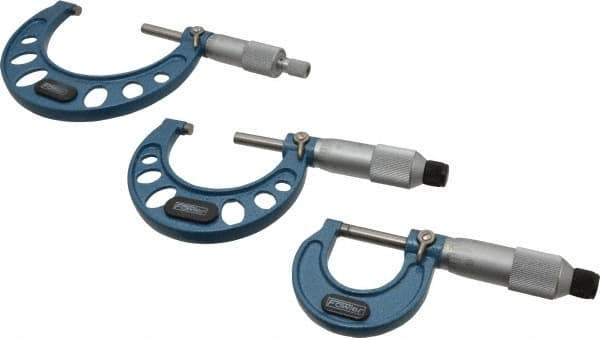 Fowler - 0 to 3" Range, 3 Piece Mechanical Outside Micrometer Set - 0.0001" Graduation, Friction (0 to 2"), Ratchet Stop (2 to 3") Thimble, Carbide Tipped Face - Apex Tool & Supply