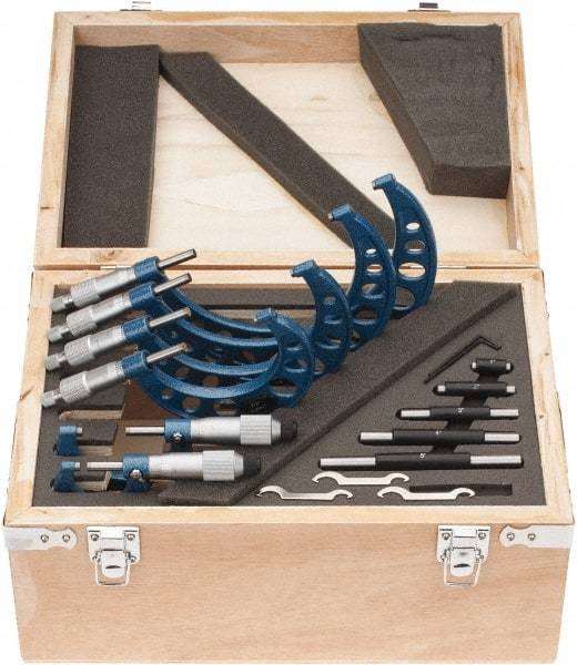 Fowler - 0 to 6 " Range, 6 Piece Mechanical Outside Micrometer Set - 0.0001" Graduation, Friction (0 to 2"), Ratchet Stop (2 to 6") Thimble, Carbide Tipped Face - Apex Tool & Supply