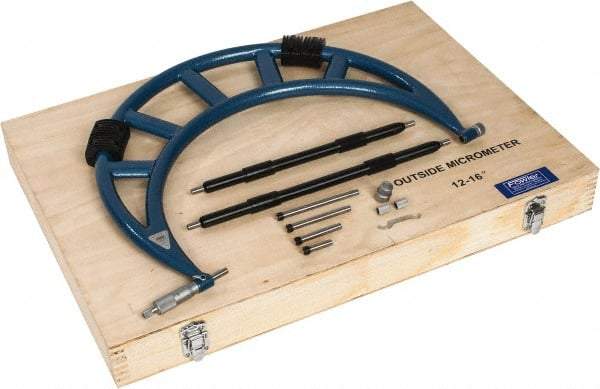 Fowler - Mechanical, 12 to 16 Inch Range, Carbide Face Interchangeable Anvil Micrometer - Ratchet Stop Thimble, 0.001 Inch Graduation, Includes Case and Standards - Apex Tool & Supply