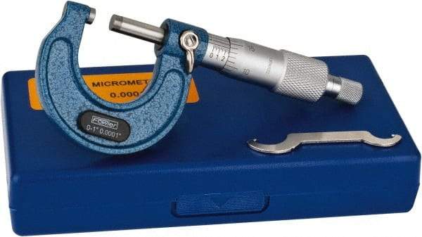 Fowler - Mechanical, 0 to 1 Inch Measurement, Baked Enamel Frame, Satin Chrome Graduations, Ball Anvil Micrometer - Accuracy up to 0.0001 Inch, 0.0001 Inch Graduation, Ratchet Stop Thimble - Apex Tool & Supply
