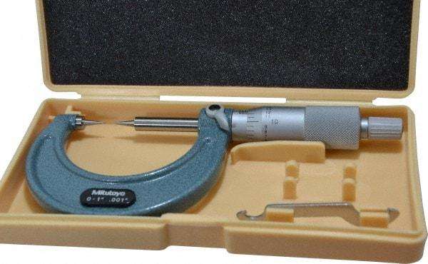 Mitutoyo - 1 Inch, 38mm Throat Depth, Ratchet Stop, Mechanical Point Micrometer - Accurate Up to 0.00015 Inch, 0.001 Inch Graduation, 0.5039 Inch Point Length, 15° Point Angle, 18mm Head Diameter, 6.35mm Spindle Diameter - Apex Tool & Supply