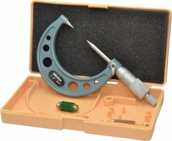 Mitutoyo - 1 to 2 Inch, 49mm Throat Depth, Ratchet Stop, Mechanical Point Micrometer - Accurate Up to 0.00015 Inch, 0.001 Inch Graduation, 0.5039 Inch Point Length, 30° Point Angle, 18mm Head Diameter, 6.35mm Spindle Diameter - Apex Tool & Supply