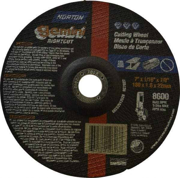 Norton - 7" Wheel Diam, 1/16" Wheel Thickness, 7/8" Arbor Hole, Type 27 Depressed Center Wheel - Aluminum Oxide, 8,600 Max RPM, Compatible with Angle Grinder - Apex Tool & Supply