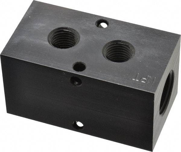 Made in USA - 1/2" Inlet, 1/4" Outlet Manifold - 2-3/4" Long x 1-1/2" Wide x 1-1/2" High, 0.2" Mount Hole, 2 Inlet Ports, 2 Outlet Ports - Apex Tool & Supply