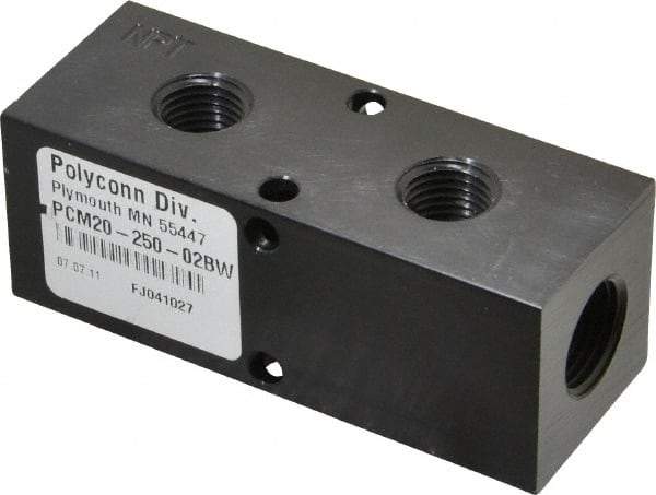 Made in USA - 3/8" Inlet, 1/4" Outlet Manifold - 3-1/4" Long x 1-1/4" Wide x 1-1/4" High, 0.2" Mount Hole, 2 Inlet Ports, 2 Outlet Ports - Apex Tool & Supply