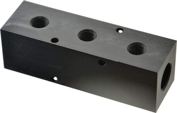 Made in USA - 1/2" Inlet, 1/4" Outlet Manifold - 4-3/4" Long x 1-1/2" Wide x 1-1/2" High, 0.2" Mount Hole, 2 Inlet Ports, 3 Outlet Ports - Apex Tool & Supply