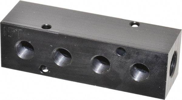 Made in USA - 1/4" Inlet, 1/8" Outlet Manifold - 3-1/4" Long x 1" Wide x 1" High, 0.17" Mount Hole, 2 Inlet Ports, 4 Outlet Ports - Apex Tool & Supply