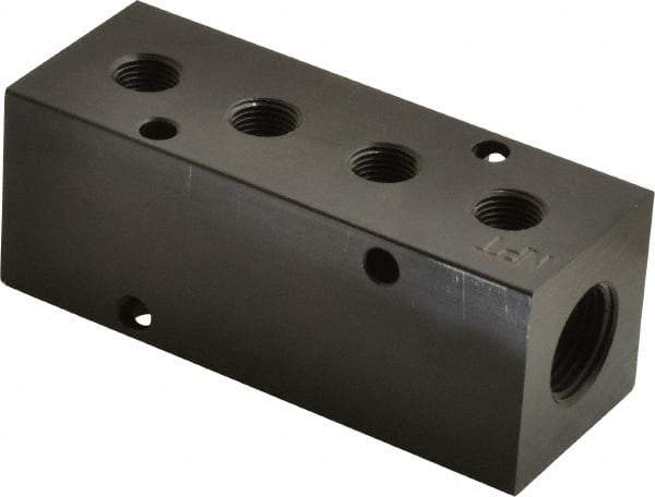 Made in USA - 3/8" Inlet, 1/8" Outlet Manifold - 4.12" Long x 1-1/4" Wide x 1-1/4" High, 0.2" Mount Hole, 2 Inlet Ports, 4 Outlet Ports - Apex Tool & Supply