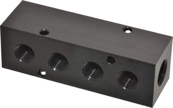 Made in USA - 3/8" Inlet, 1/4" Outlet Manifold - 4.12" Long x 1-1/4" Wide x 1-1/4" High, 0.2" Mount Hole, 2 Inlet Ports, 4 Outlet Ports - Apex Tool & Supply