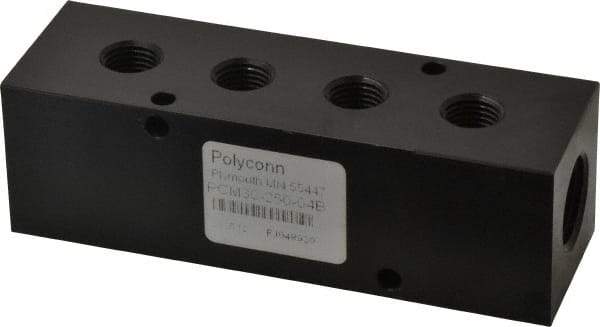 Made in USA - 1/2" Inlet, 1/4" Outlet Manifold - 4-3/4" Long x 1-1/2" Wide x 1-1/2" High, 0.2" Mount Hole, 2 Inlet Ports, 4 Outlet Ports - Apex Tool & Supply