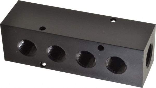 Made in USA - 1/2" Inlet, 3/8" Outlet Manifold - 4-3/4" Long x 1-1/2" Wide x 1-1/2" High, 0.2" Mount Hole, 2 Inlet Ports, 4 Outlet Ports - Apex Tool & Supply