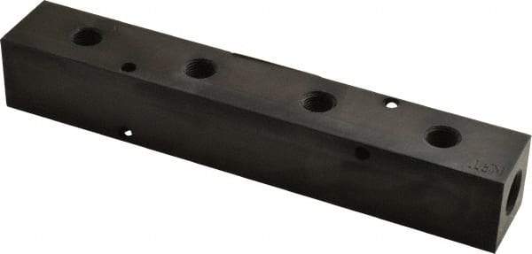 Made in USA - 1/4" Inlet, 1/8" Outlet Manifold - 6-1/4" Long x 1" Wide x 1" High, 0.17" Mount Hole, 2 Inlet Ports, 4 Outlet Ports - Apex Tool & Supply
