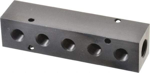 Made in USA - 1/4" Inlet, 1/8" Outlet Manifold - 4" Long x 1" Wide x 1" High, 0.17" Mount Hole, 2 Inlet Ports, 5 Outlet Ports - Apex Tool & Supply