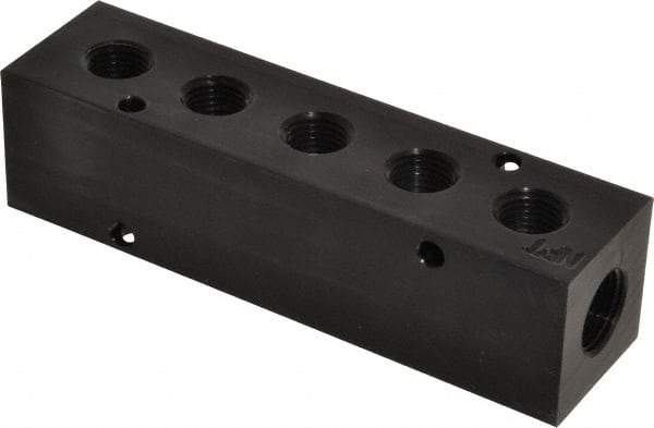 Made in USA - 3/8" Inlet, 1/4" Outlet Manifold - 5" Long x 1-1/4" Wide x 1-1/4" High, 0.2" Mount Hole, 2 Inlet Ports, 5 Outlet Ports - Apex Tool & Supply