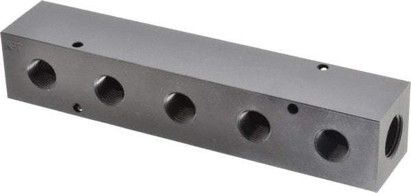 Made in USA - 1/2" Inlet, 3/8" Outlet Manifold - 7-3/4" Long x 1-1/2" Wide x 1-1/2" High, 0.2" Mount Hole, 2 Inlet Ports, 5 Outlet Ports - Apex Tool & Supply