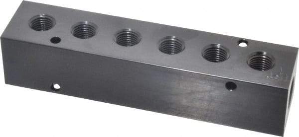 Made in USA - 3/8" Inlet, 1/4" Outlet Manifold - 5.88" Long x 1-1/4" Wide x 1-1/4" High, 0.2" Mount Hole, 2 Inlet Ports, 6 Outlet Ports - Apex Tool & Supply