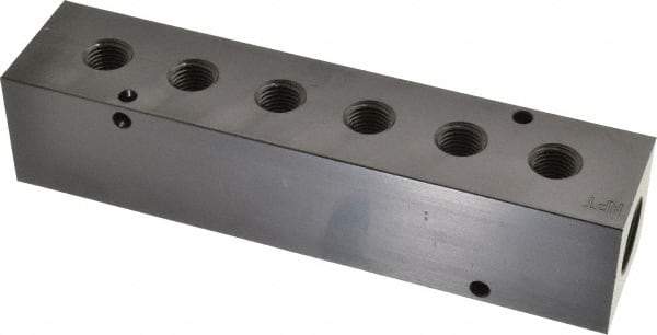 Made in USA - 1/2" Inlet, 1/4" Outlet Manifold - 6-3/4" Long x 1-1/2" Wide x 1-1/2" High, 0.2" Mount Hole, 2 Inlet Ports, 6 Outlet Ports - Apex Tool & Supply