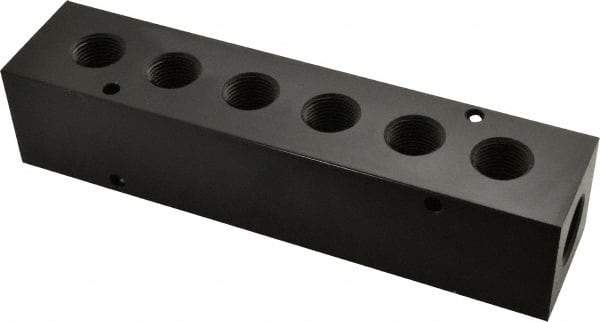 Made in USA - 1/2" Inlet, 3/8" Outlet Manifold - 6-3/4" Long x 1-1/2" Wide x 1-1/2" High, 0.2" Mount Hole, 2 Inlet Ports, 6 Outlet Ports - Apex Tool & Supply