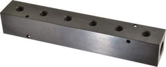 Made in USA - 1/2" Inlet, 1/4" Outlet Manifold - 9-1/4" Long x 1-1/2" Wide x 1-1/2" High, 0.2" Mount Hole, 2 Inlet Ports, 6 Outlet Ports - Apex Tool & Supply