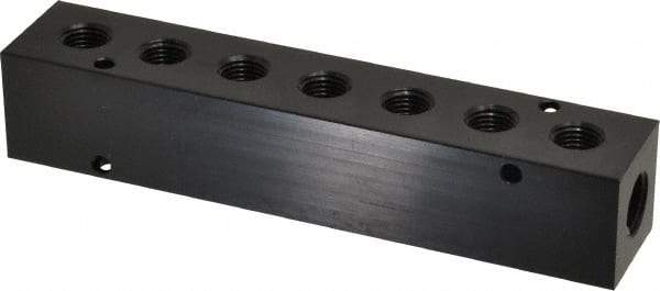 Made in USA - 3/8" Inlet, 1/4" Outlet Manifold - 6-3/4" Long x 1-1/4" Wide x 1-1/4" High, 0.2" Mount Hole, 2 Inlet Ports, 7 Outlet Ports - Apex Tool & Supply