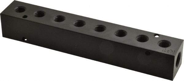 Made in USA - 1/4" Inlet, 1/8" Outlet Manifold - 6-1/4" Long x 1" Wide x 1" High, 0.17" Mount Hole, 2 Inlet Ports, 8 Outlet Ports - Apex Tool & Supply