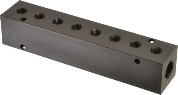 Made in USA - 3/8" Inlet, 1/8" Outlet Manifold - 7.62" Long x 1-1/4" Wide x 1-1/4" High, 0.2" Mount Hole, 2 Inlet Ports, 8 Outlet Ports - Apex Tool & Supply