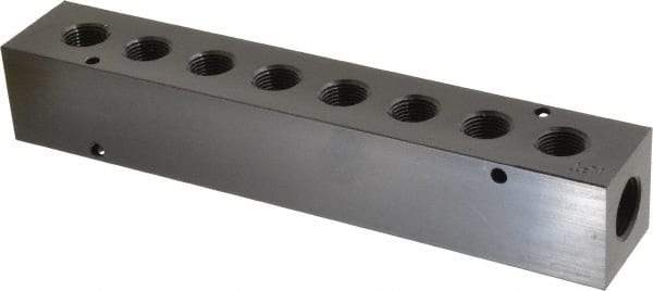 Made in USA - 1/2" Inlet, 3/8" Outlet Manifold - 8-3/4" Long x 1-1/2" Wide x 1-1/2" High, 0.2" Mount Hole, 2 Inlet Ports, 8 Outlet Ports - Apex Tool & Supply