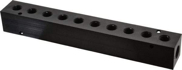 Made in USA - 3/8" Inlet, 1/4" Outlet Manifold - 9.38" Long x 1-1/4" Wide x 1-1/4" High, 0.2" Mount Hole, 2 Inlet Ports, 10 Outlet Ports - Apex Tool & Supply