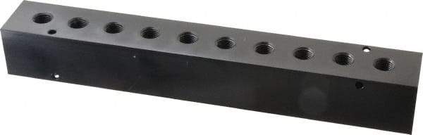 Made in USA - 1/2" Inlet, 1/4" Outlet Manifold - 10-3/4" Long x 1-1/2" Wide x 1-1/2" High, 0.2" Mount Hole, 2 Inlet Ports, 10 Outlet Ports - Apex Tool & Supply