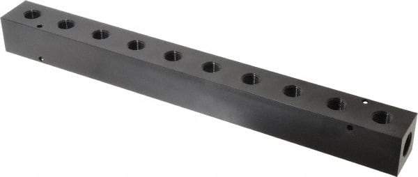 Made in USA - 1/2" Inlet, 3/8" Outlet Manifold - 15-1/4" Long x 1-1/2" Wide x 1-1/2" High, 0.2" Mount Hole, 2 Inlet Ports, 10 Outlet Ports - Apex Tool & Supply