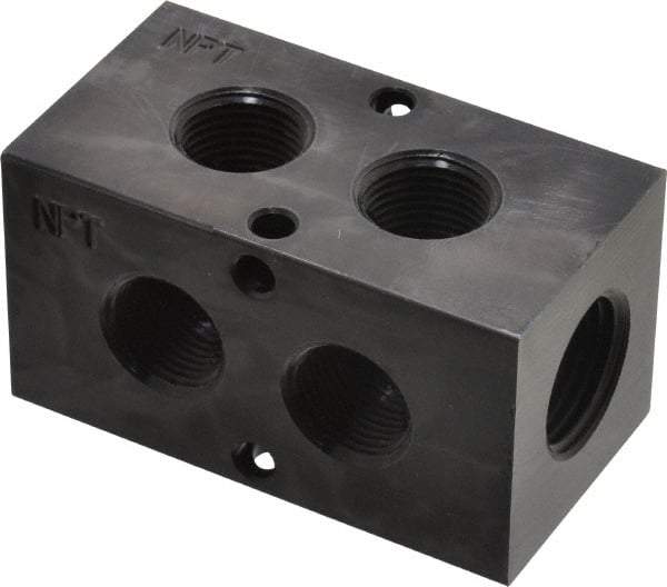 Made in USA - 1/2" Inlet, 3/8" Outlet Manifold - 2-3/4" Long x 1-1/2" Wide x 1-1/2" High, 0.2" Mount Hole, 2 Inlet Ports, 2 Outlet Ports - Apex Tool & Supply