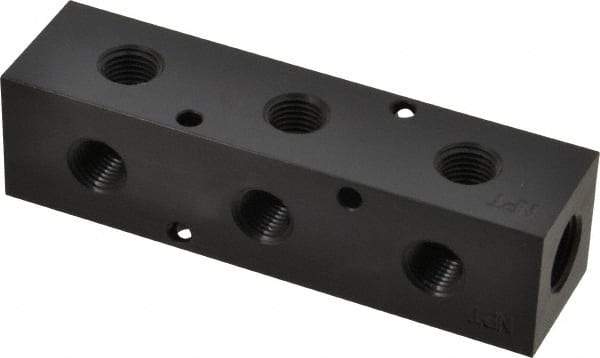 Made in USA - 3/8" Inlet, 1/4" Outlet Manifold - 4-3/4" Long x 1-1/4" Wide x 1-1/4" High, 0.2" Mount Hole, 2 Inlet Ports, 3 Outlet Ports - Apex Tool & Supply