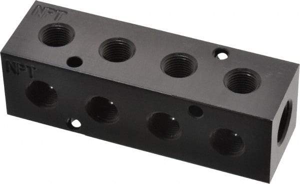 Made in USA - 1/4" Inlet, 1/8" Outlet Manifold - 3-1/4" Long x 1" Wide x 1" High, 0.17" Mount Hole, 2 Inlet Ports, 4 Outlet Ports - Apex Tool & Supply